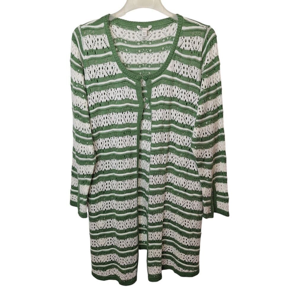 Cato Green & White Stripe Open Knit Longline Cardigan Sweater 22/24 Boho Hippie
